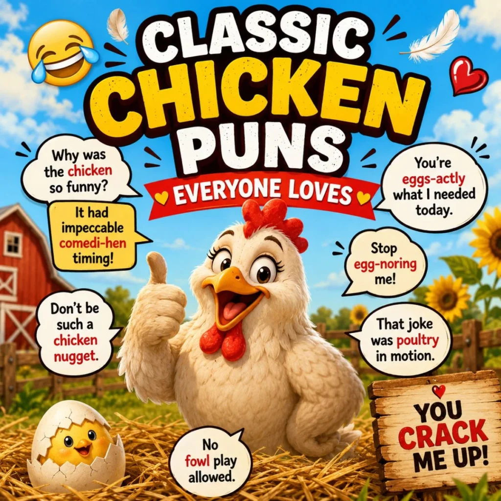 Classic chicken puns poster with funny cartoon chicken, speech bubbles, farm background, and playful jokes