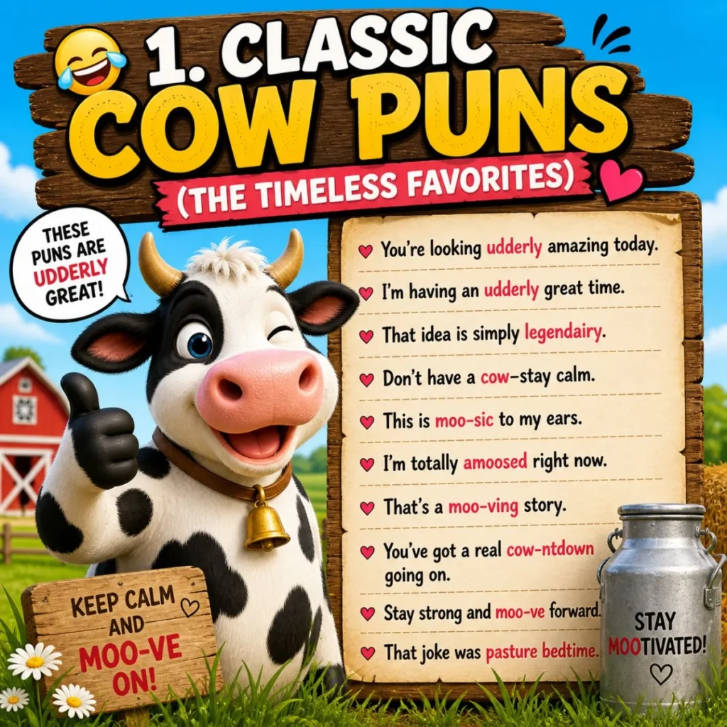 Classic cow puns poster with smiling cartoon cow, farm scene, and list of funny udderly hilarious jokes