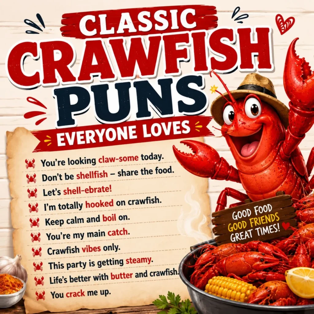Classic crawfish puns infographic with cartoon crawfish, seafood boil, and funny family-friendly jokes