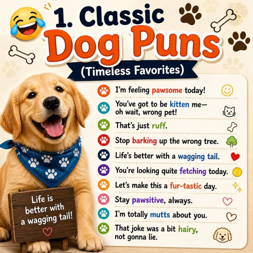 Classic dog puns poster with happy golden retriever and funny paw-some quotes in colorful design