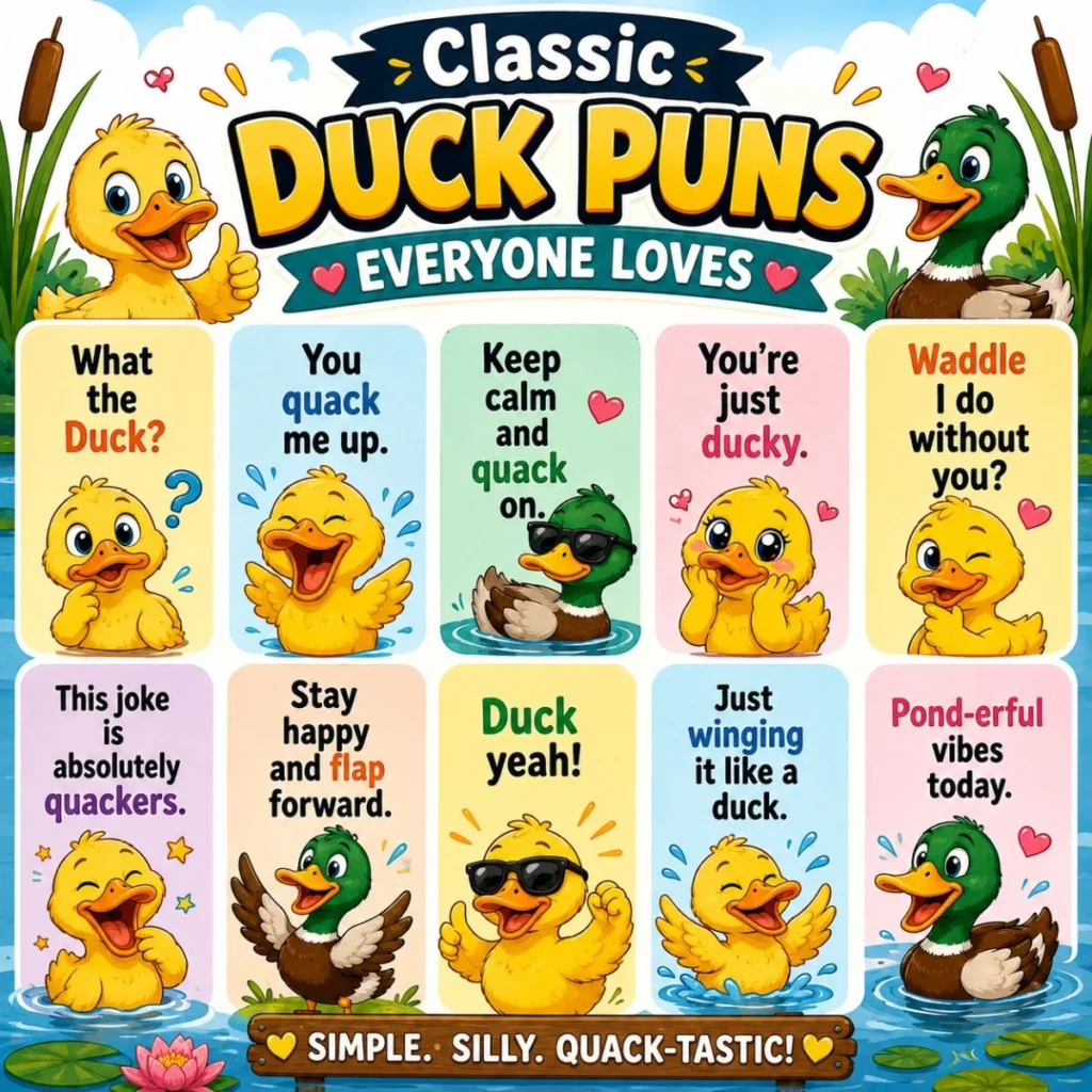 Classic duck puns poster with cute cartoon ducks, funny quack jokes, and colorful pond-themed humor