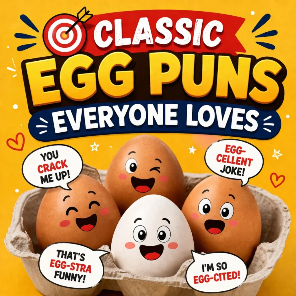 Classic egg puns poster with smiling cartoon eggs, bright yellow background, and funny speech bubbles with egg jokes