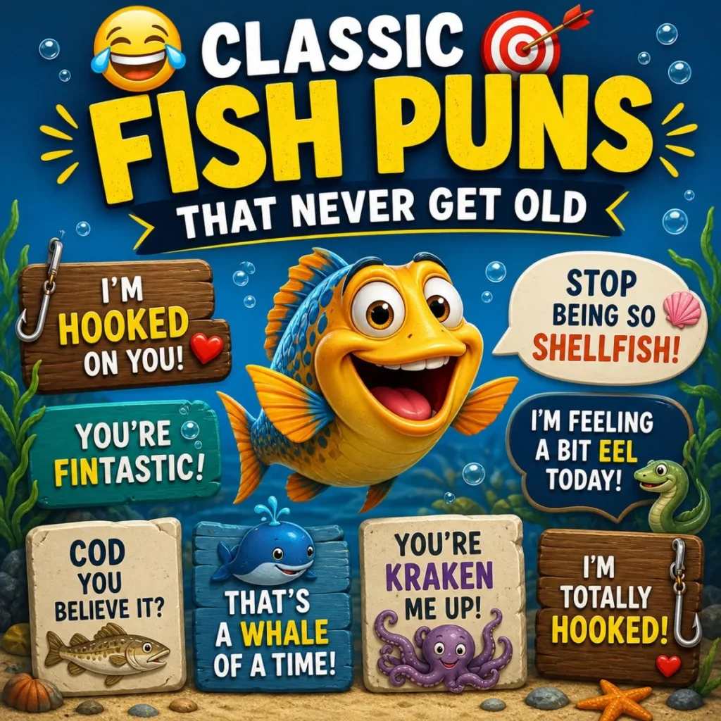 Cartoon fish with classic fish puns like “I’m hooked on you” and “You’re fintastic” in a colorful underwater scene