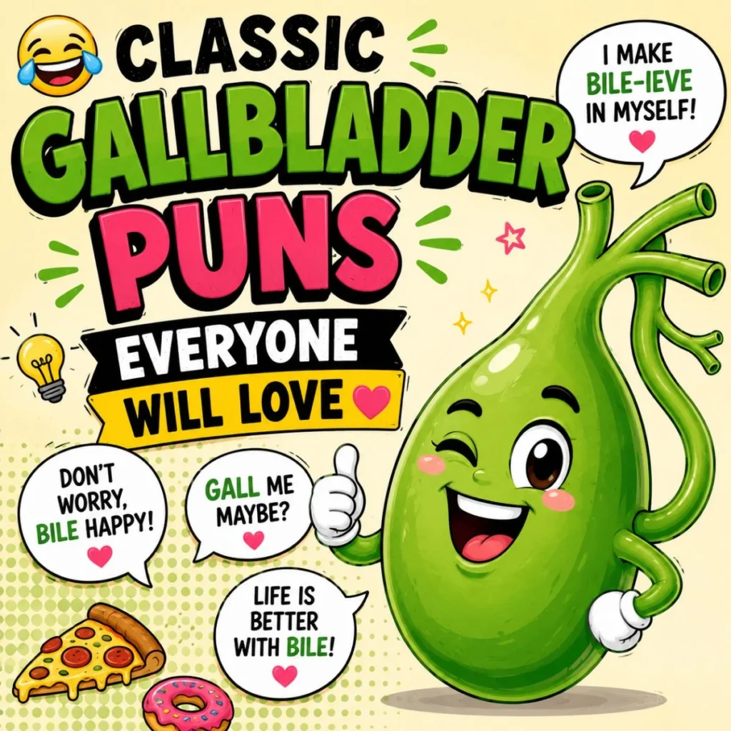 Classic gallbladder puns cartoon with smiling gallbladder mascot, funny speech bubbles, and playful food icons