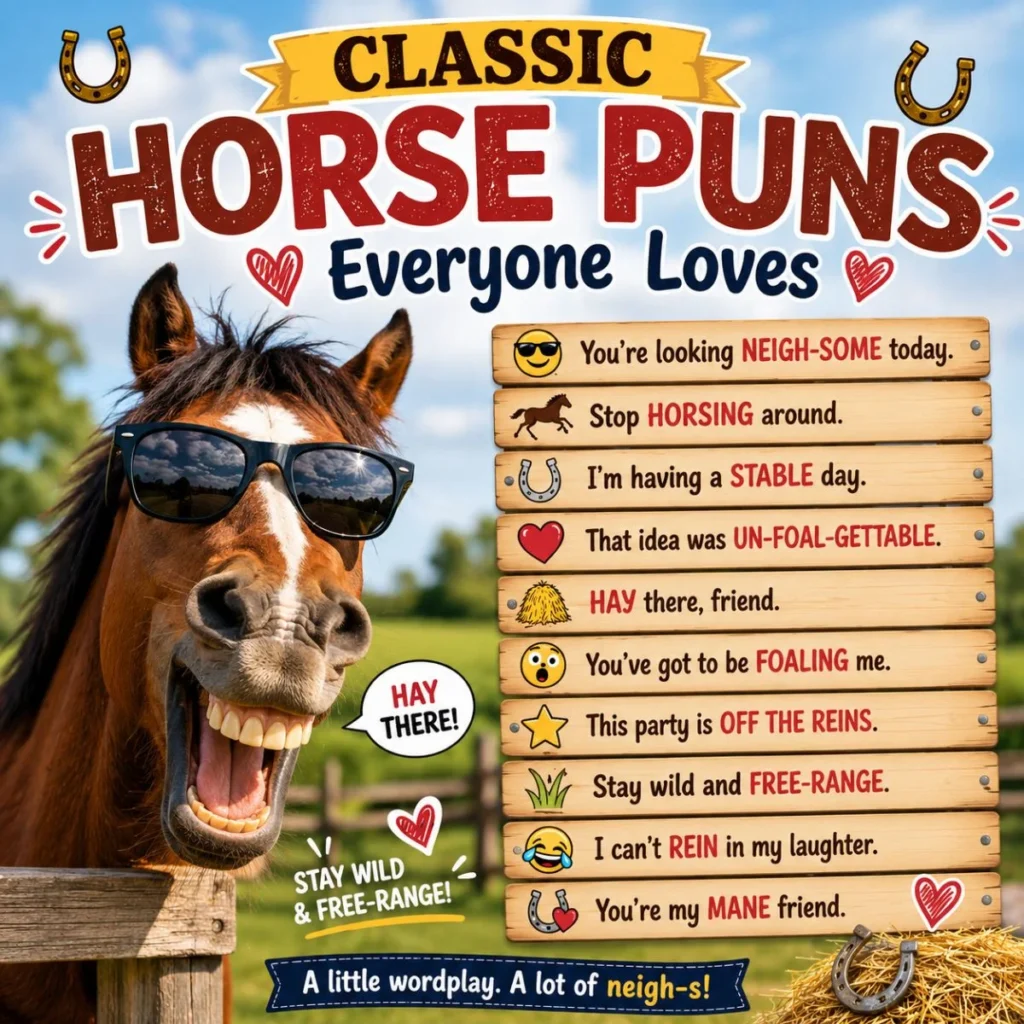 Funny smiling horse with classic horse puns list on a bright farm poster