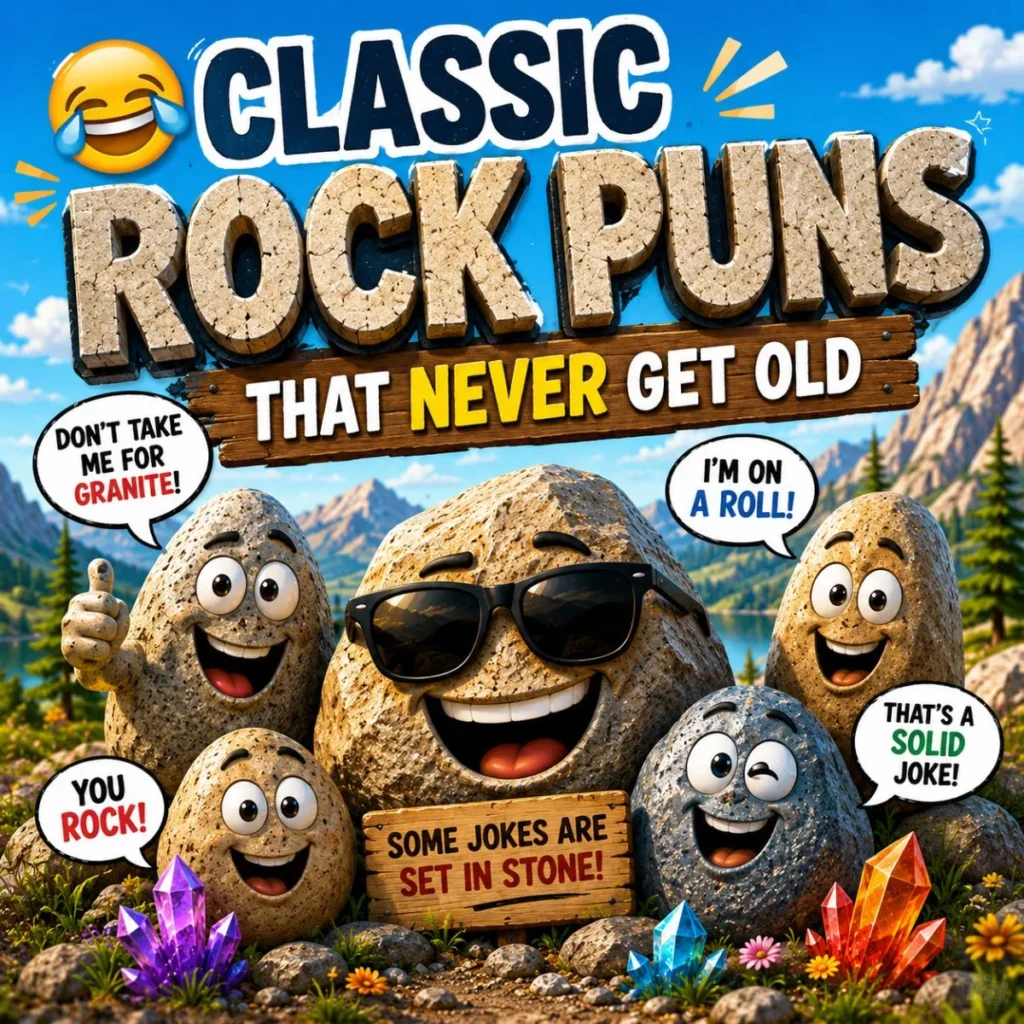 Classic rock puns image with smiling cartoon boulders, funny speech bubbles, crystals, and mountain scenery