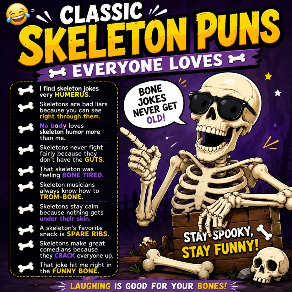 Classic skeleton puns poster with funny bone jokes, cartoon skeleton, and colorful spooky humor design