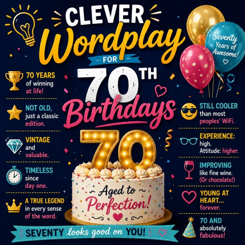 Clever 70th birthday wordplay graphic with cake, balloons, glowing 70 numbers, and funny puns