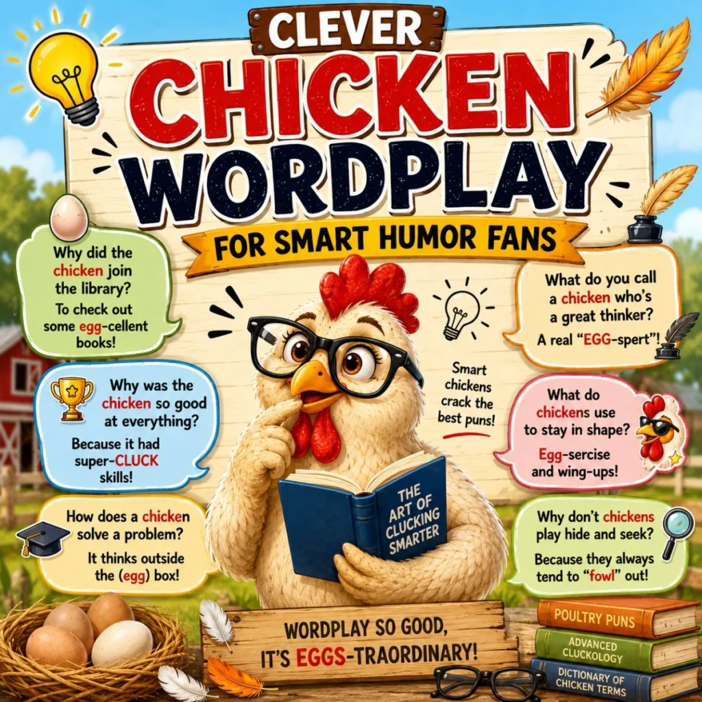 Clever chicken wordplay poster with smart chicken, glasses, books, speech bubbles, and farm humor jokes