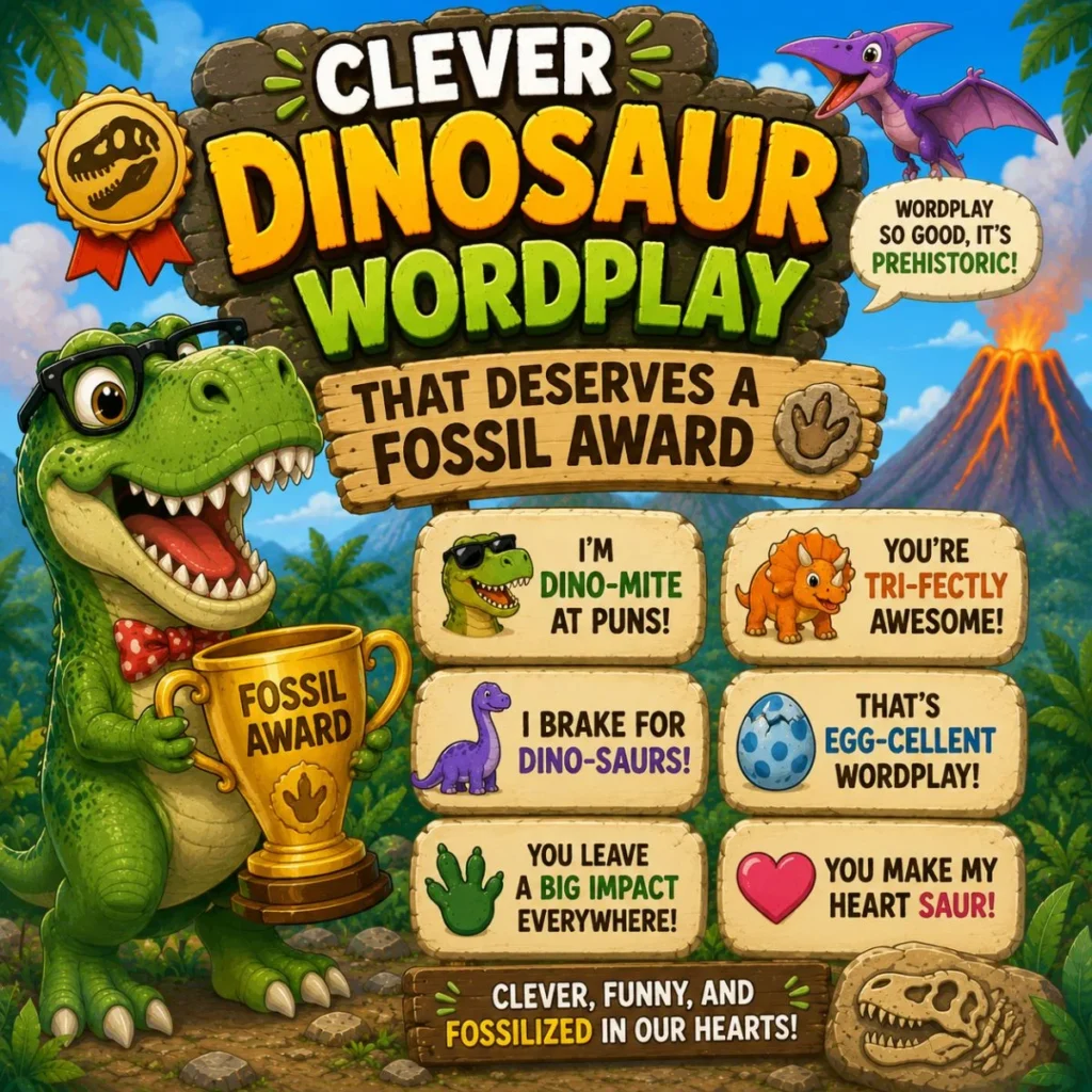 Clever dinosaur wordplay poster with T-Rex holding fossil award, pun signs, volcano, and funny dino humor