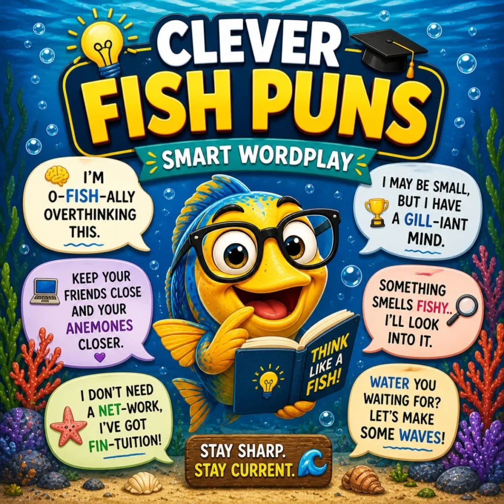 Cartoon fish with glasses reading book and clever fish puns like “o-fish-ally overthinking” in colorful underwater scene