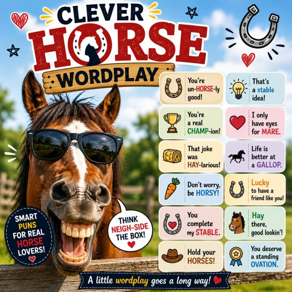 Funny horse in sunglasses with clever horse wordplay and colorful pun boxes