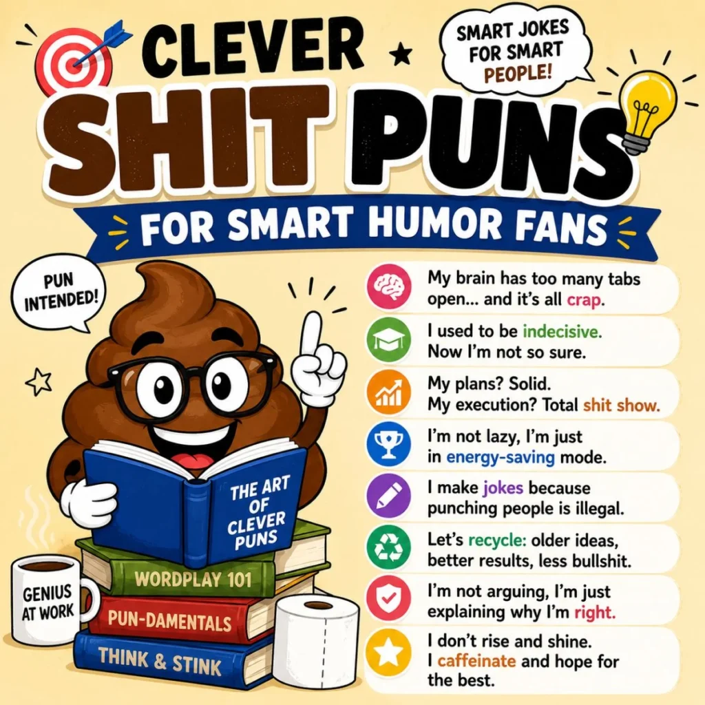 Clever shit puns image with smart poop cartoon, books, wordplay jokes, and fun humor icons