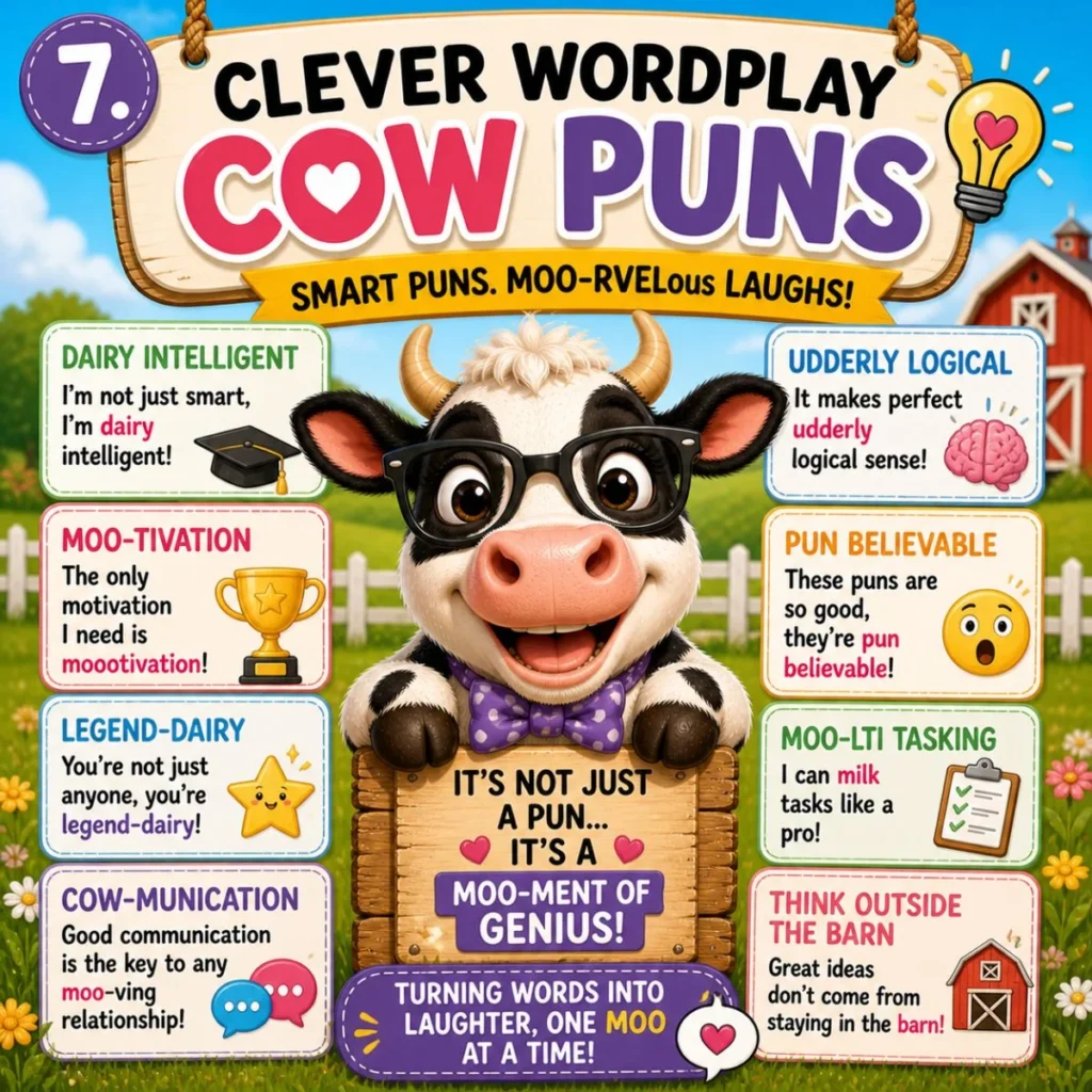 Clever cow puns poster with cartoon cow in glasses, farm background, and witty wordplay humor panels