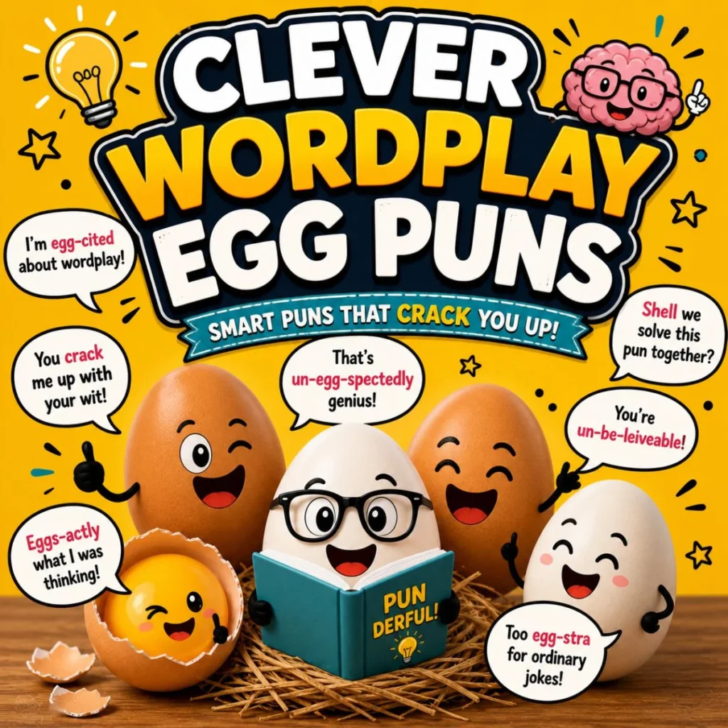 Clever wordplay egg puns poster with cartoon eggs, bright background, and smart egg jokes in speech bubbles