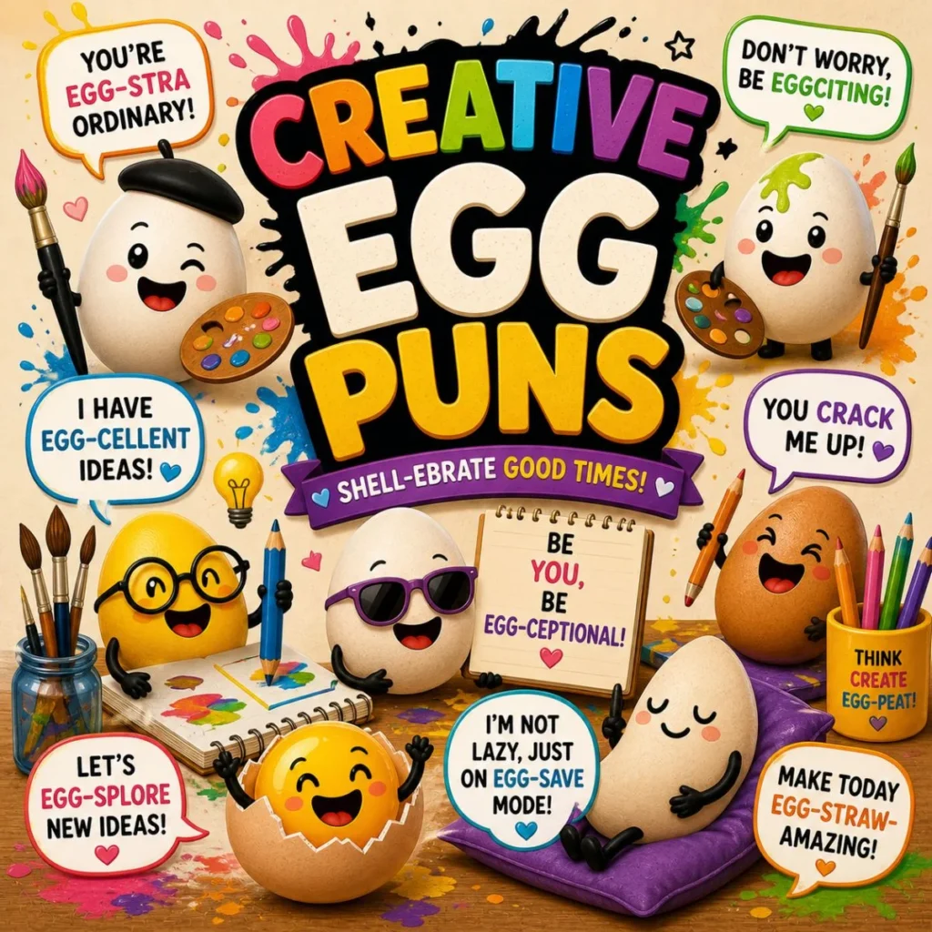 Creative egg puns poster with cartoon eggs, paint tools, colorful splashes, and funny egg jokes in speech bubbles
