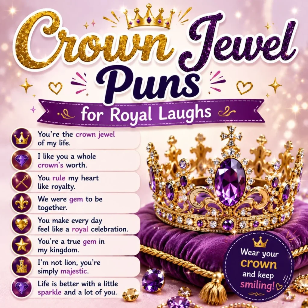 Crown jewel puns graphic with royal gold crown, purple gems, and funny regal wordplay