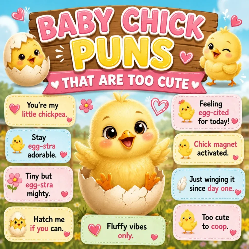 Cute baby chick puns poster with fluffy chicks, pastel speech bubbles, hearts, eggs, and sunny farm background