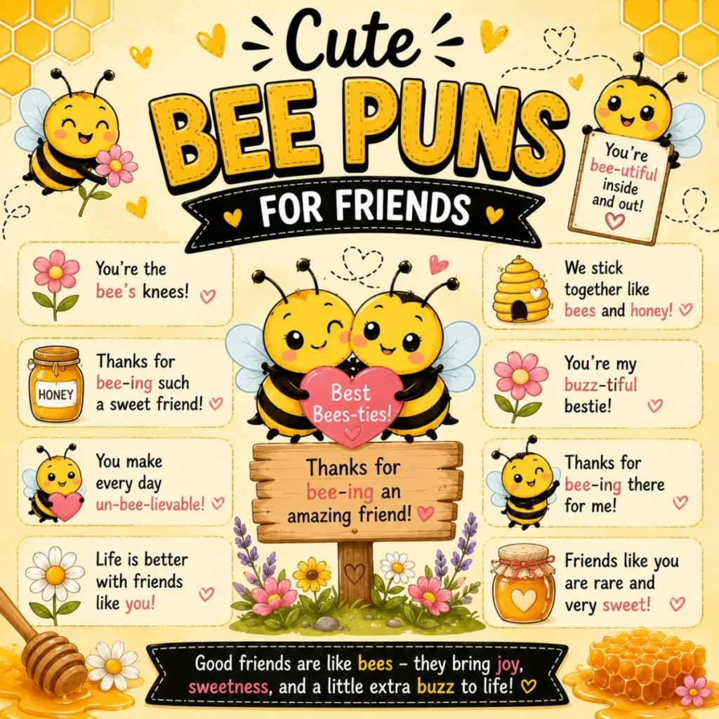 Cute bee puns for friends graphic with cartoon bees, honeycomb, flowers, and sweet friendship quotes