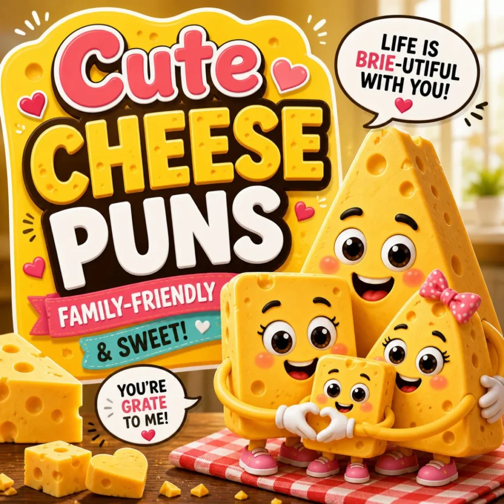 Cute cheese puns poster with smiling cheese family, hearts, and sweet messages on bright warm background