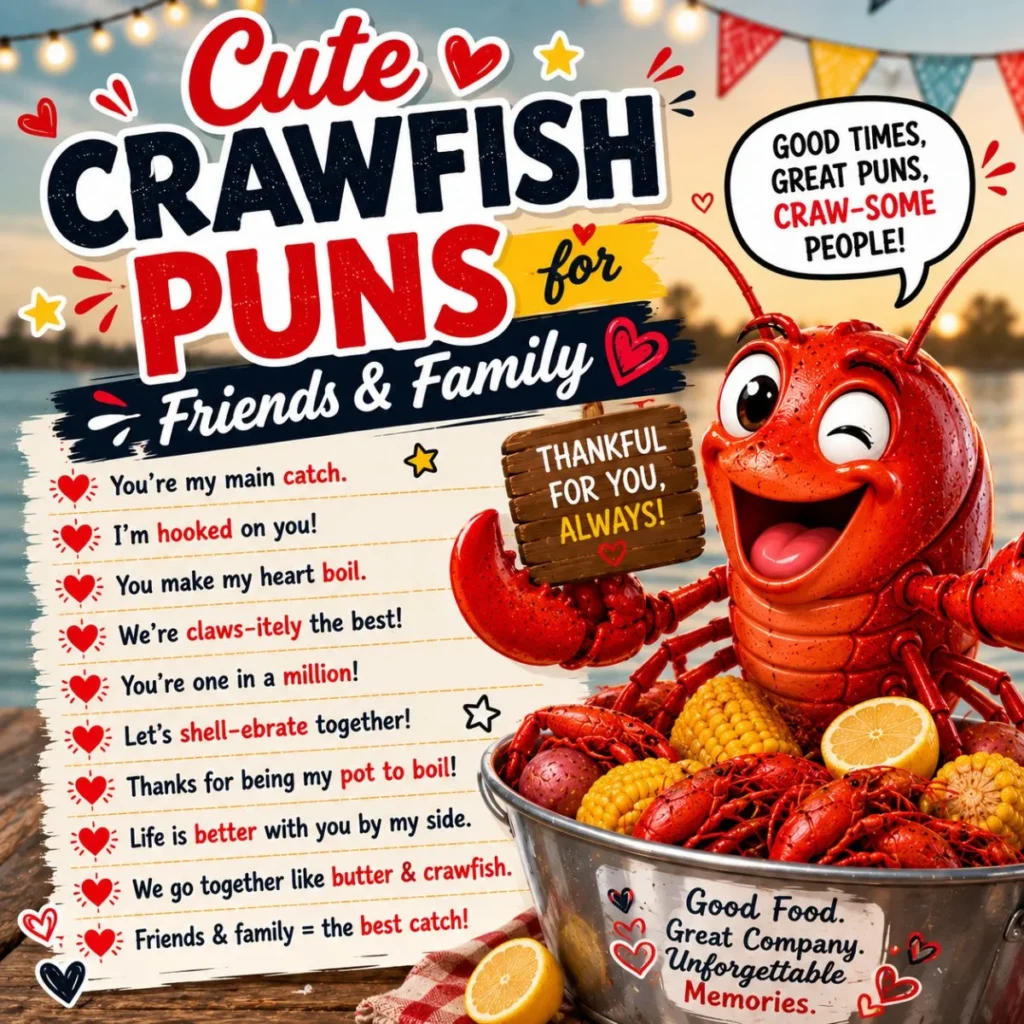 Cute crawfish puns poster with cartoon crawfish, seafood boil, and sweet friends and family wordplay