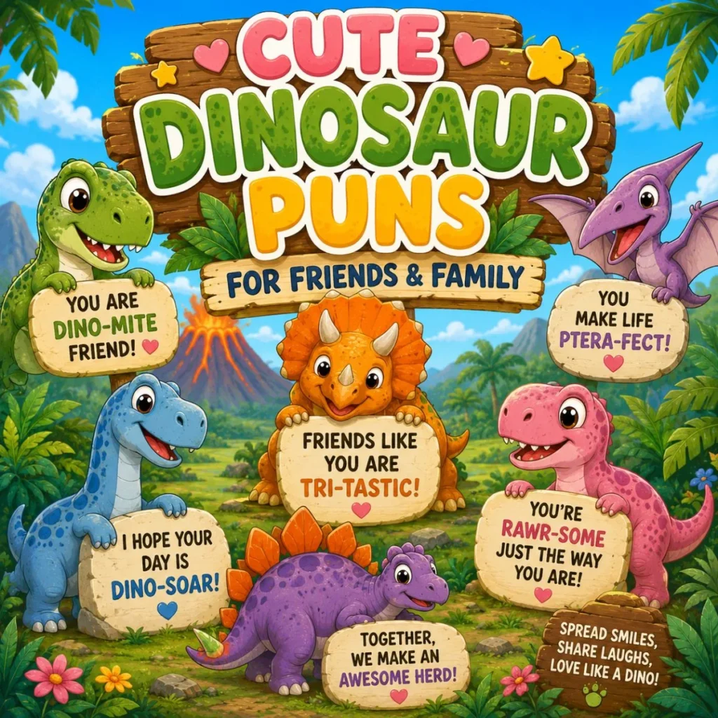 Cute dinosaur puns poster with smiling dinos, friendship signs, jungle background, and family-friendly humor