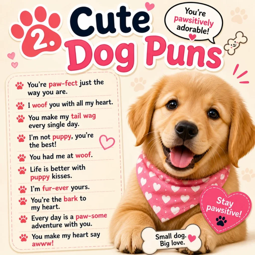 Cute dog puns poster with smiling golden puppy and sweet paw-some quotes in soft colorful design