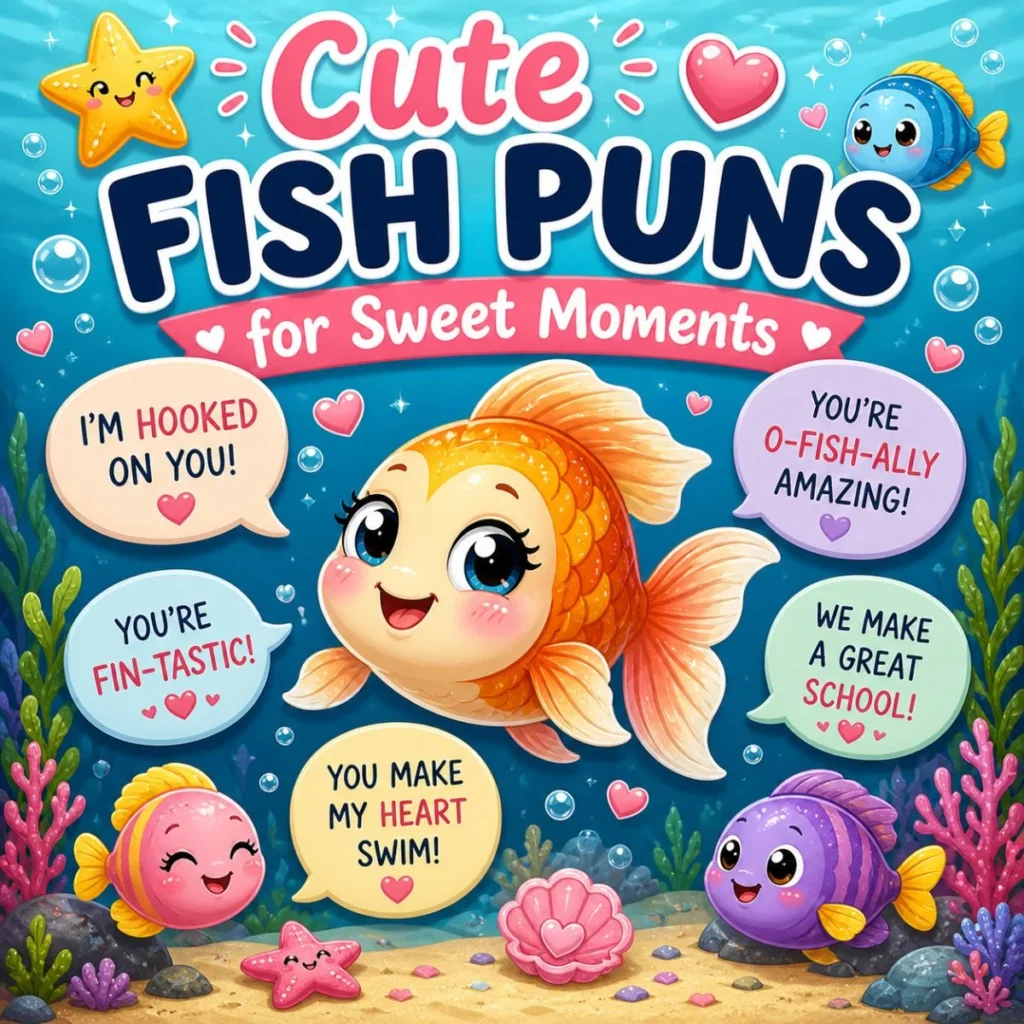 Cute cartoon fish with sweet fish puns like “I’m hooked on you” and “You make my heart swim” in a colorful ocean scene