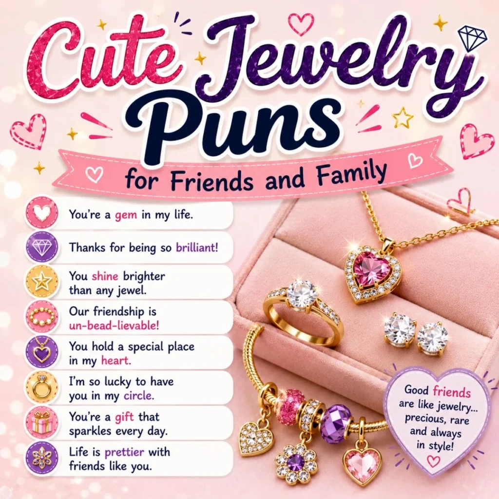 Cute jewelry puns graphic with rings, heart necklace, charm bracelet, and friendship wordplay