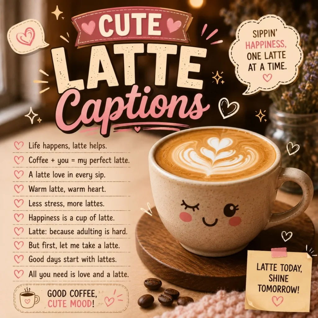 Cute latte captions graphic with smiling latte cup, latte art, cozy café background, and coffee quotes
