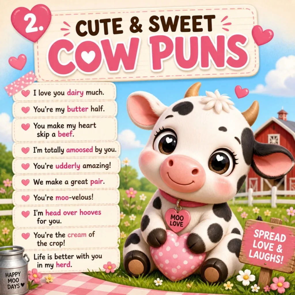 Cute cow puns poster with adorable cartoon cow, heart theme, and sweet funny dairy love jokes
