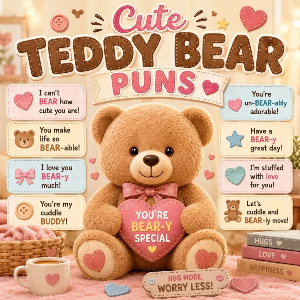 Cute teddy bear puns poster with adorable cartoon teddy, heart quotes, and cozy pastel background