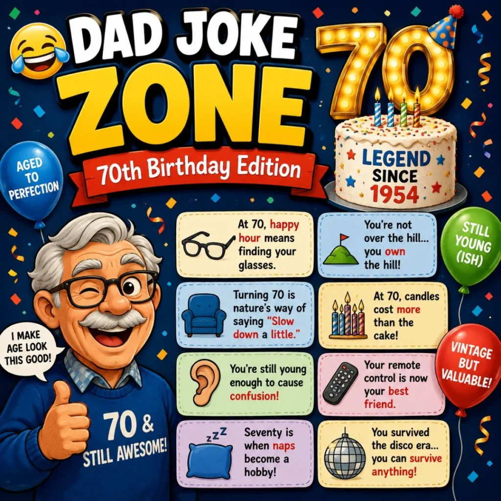 Dad joke 70th birthday graphic with smiling grandpa, cake, balloons, and funny aging puns