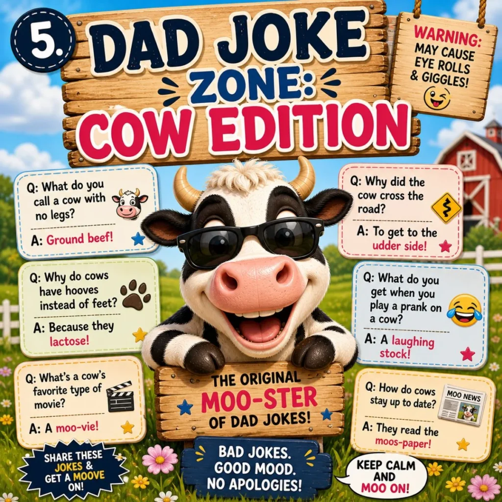 Dad joke cow puns poster with funny cartoon cow, farm background, and classic moo jokes for family humor