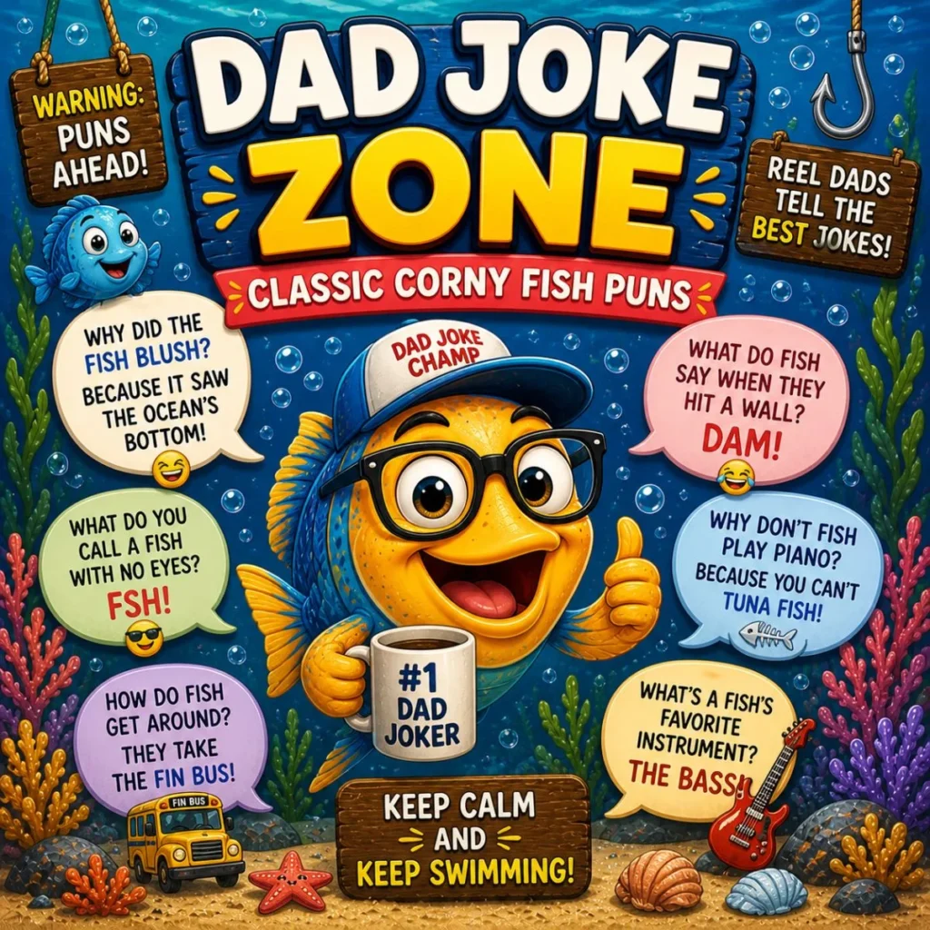 Cartoon fish with dad joke fish puns like “What do fish say when they hit a wall? Dam!” in colorful underwater scene