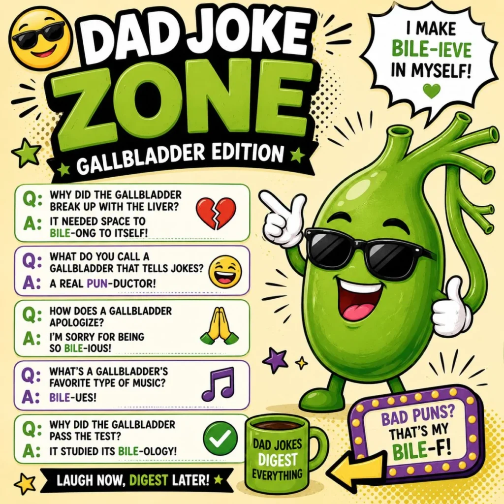 Dad joke gallbladder cartoon with sunglasses mascot, funny Q&A puns, and colorful comic design