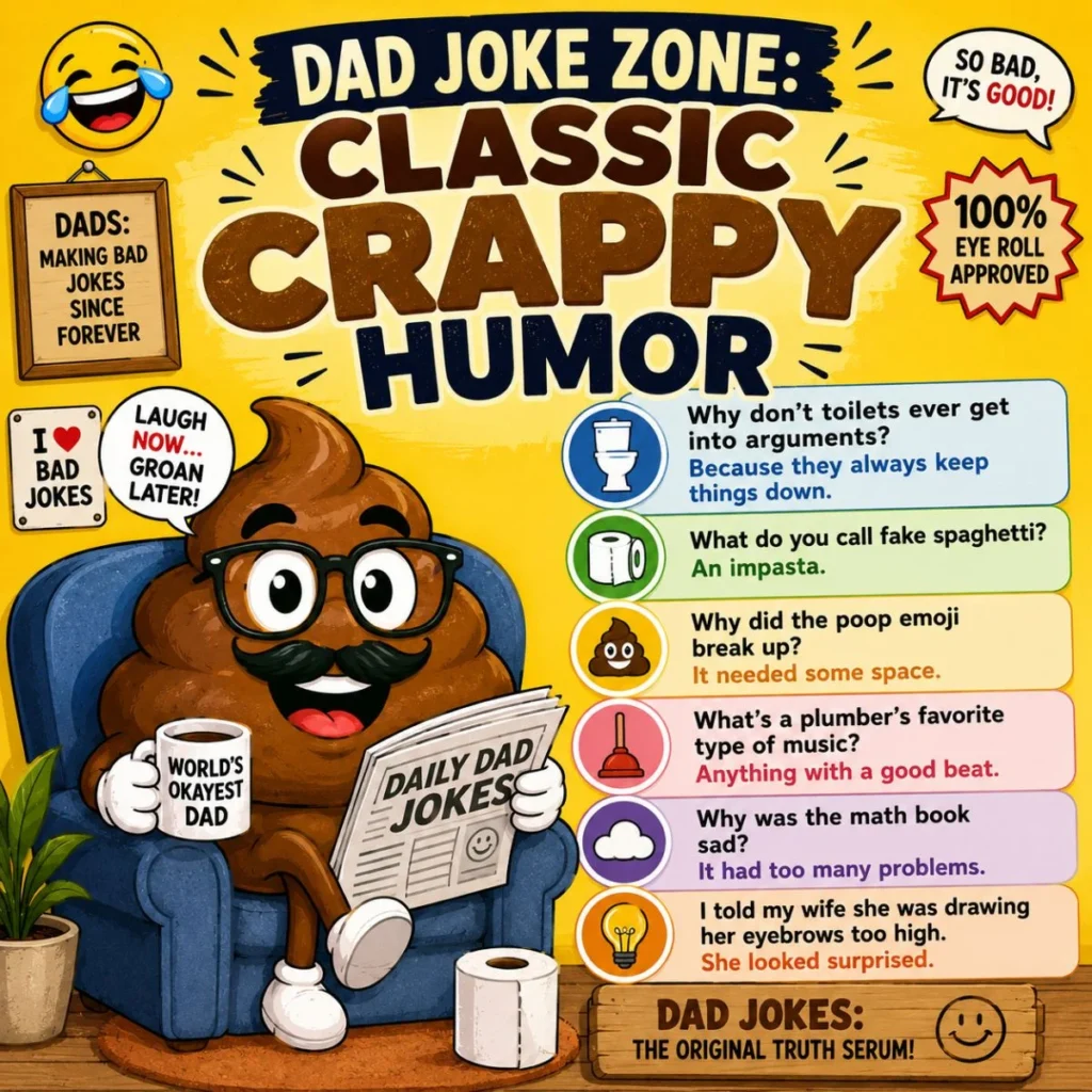 Dad joke shit puns image with funny poop character, classic crappy humor, and colorful joke cards