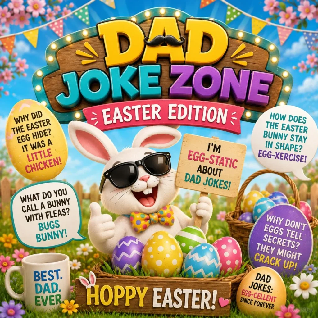 Easter dad joke image with funny bunny, colorful eggs, flowers, and family-friendly Easter puns