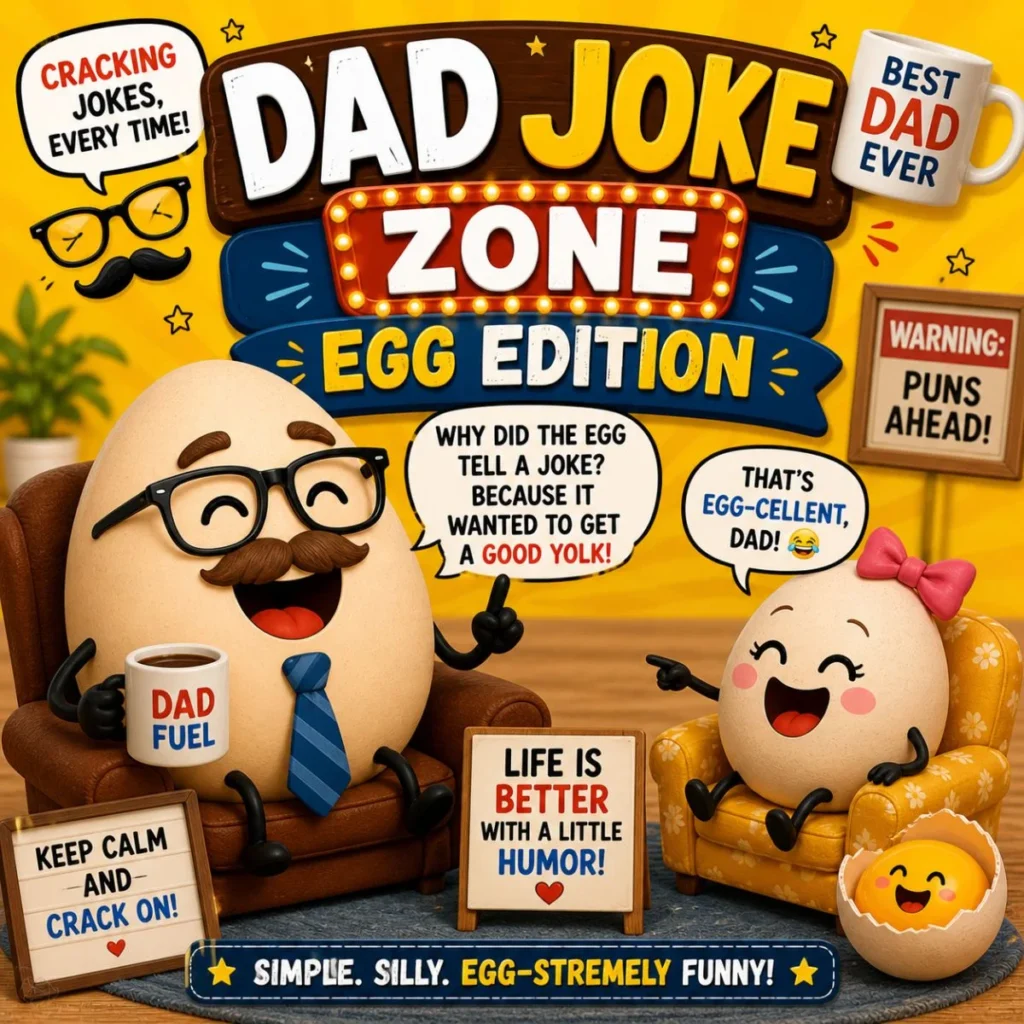 Dad joke egg puns poster with cartoon egg characters, cozy scene, and funny egg jokes in speech bubbles
