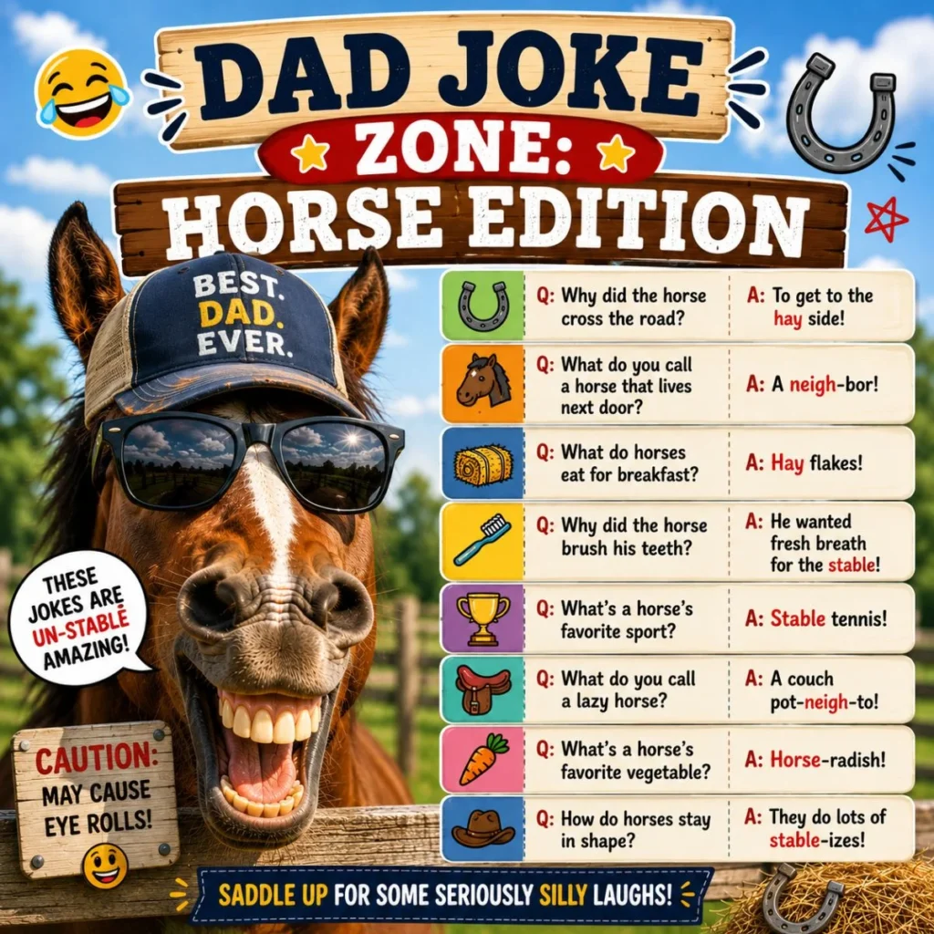 Funny horse wearing dad cap and sunglasses with horse dad jokes on farm poster