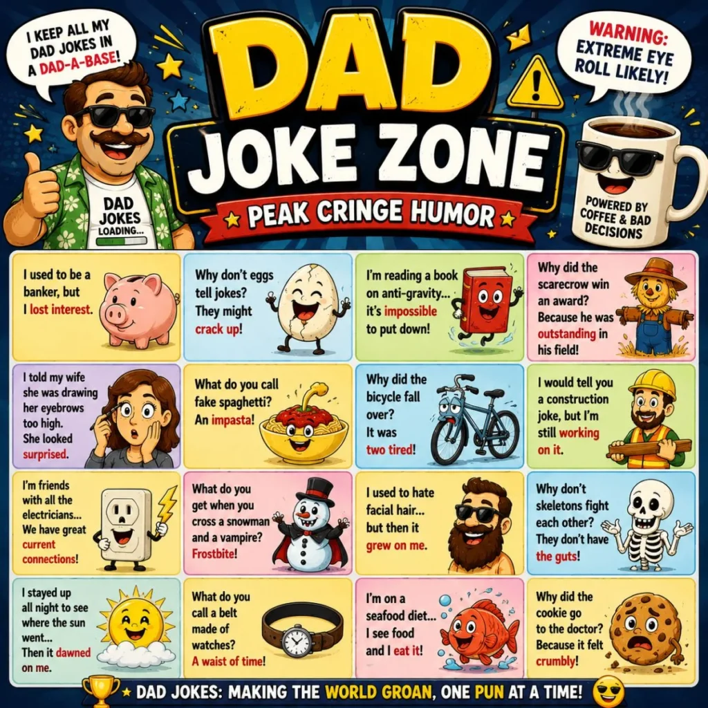 Dad joke zone poster with funny cringe puns, colorful cartoon characters, and classic cheesy humor panels