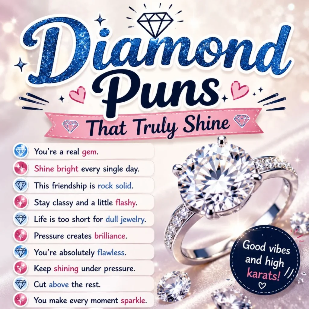Diamond puns graphic with sparkling ring, gems, and funny jewelry wordplay