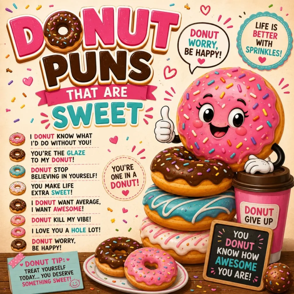 Funny donut puns poster with colorful cartoon donuts, sprinkles, coffee cup, and sweet bakery humor