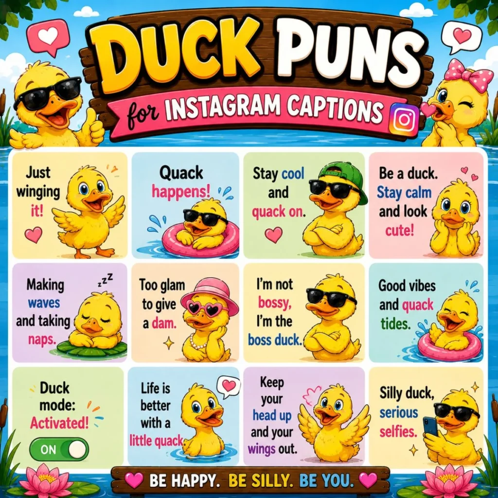Duck puns for Instagram captions poster with cute cartoon ducks, funny quack quotes, and colorful social media humor