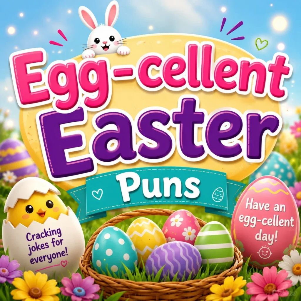 Egg-cellent Easter puns image with bunny, colorful eggs, chick, flowers, and funny spring wordplay
