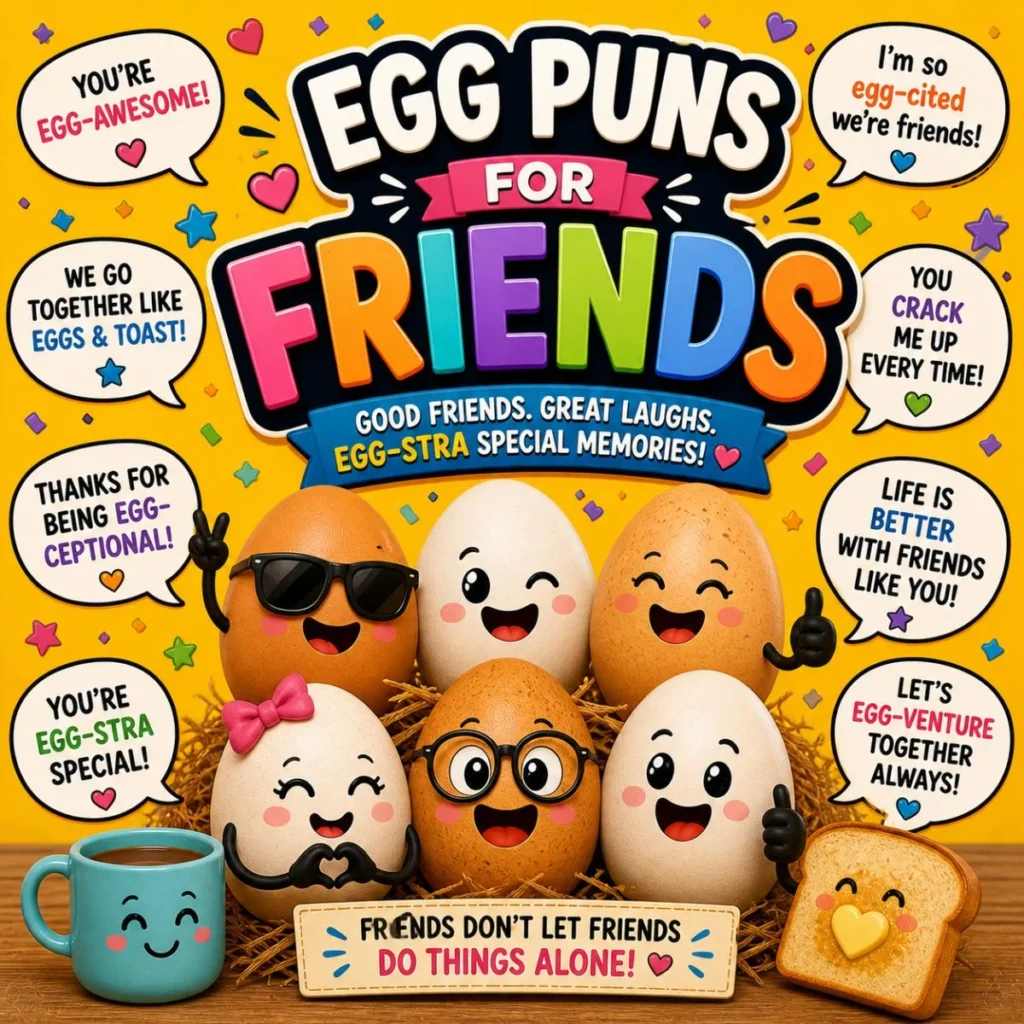 Egg puns for friends poster with smiling cartoon eggs, colorful background, and friendship jokes in speech bubbles