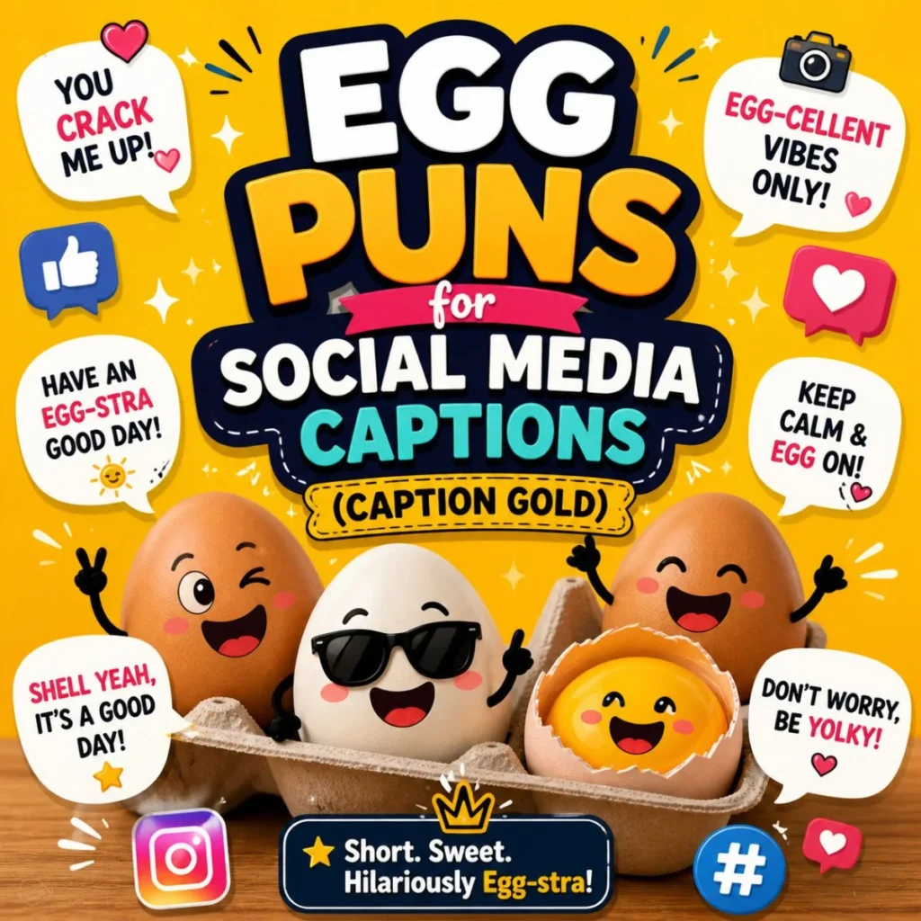 Egg puns for social media captions with cartoon eggs, bright yellow background, and fun speech bubbles with funny egg jokes