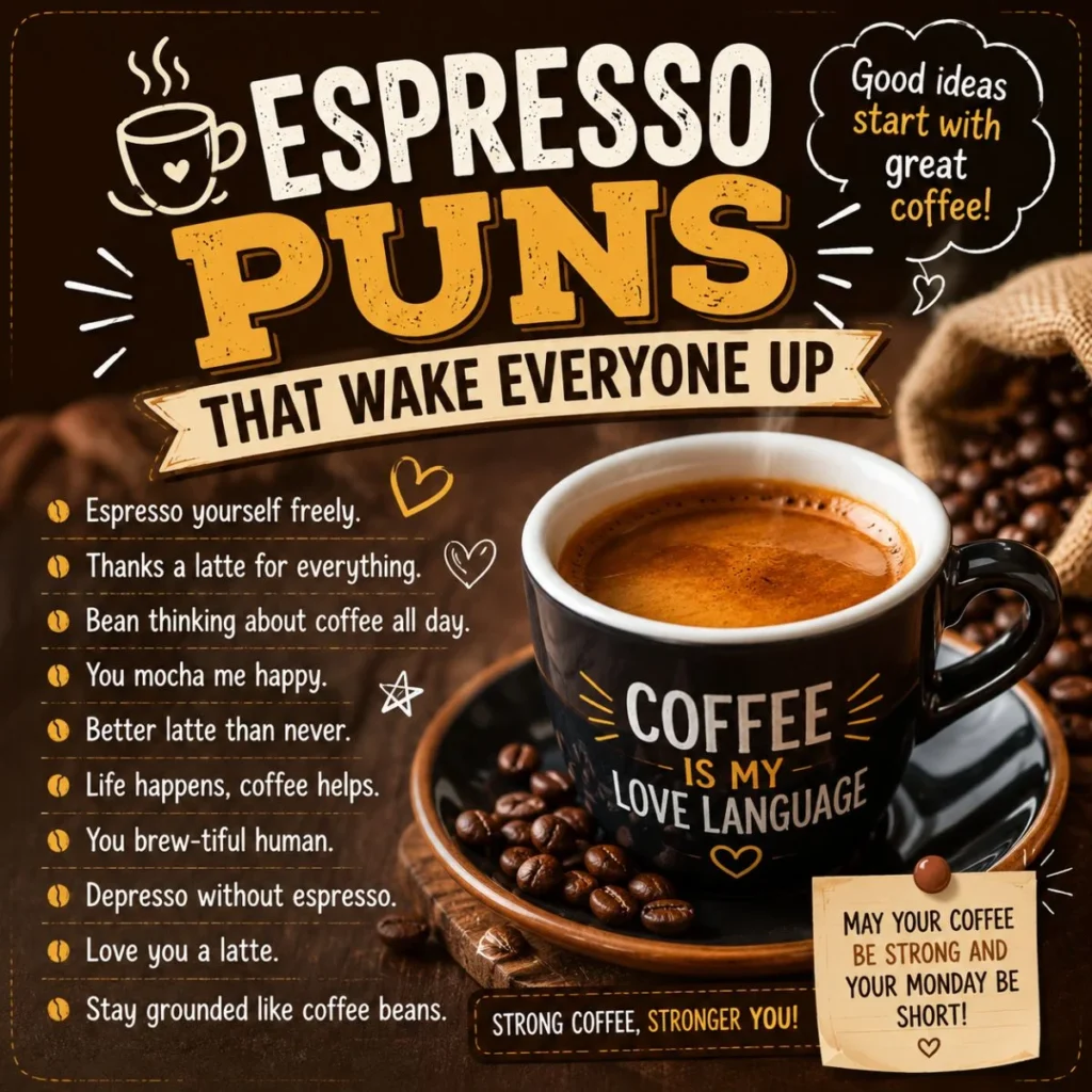 Espresso puns poster with coffee beans, espresso cup, cozy café background, and funny coffee quotes