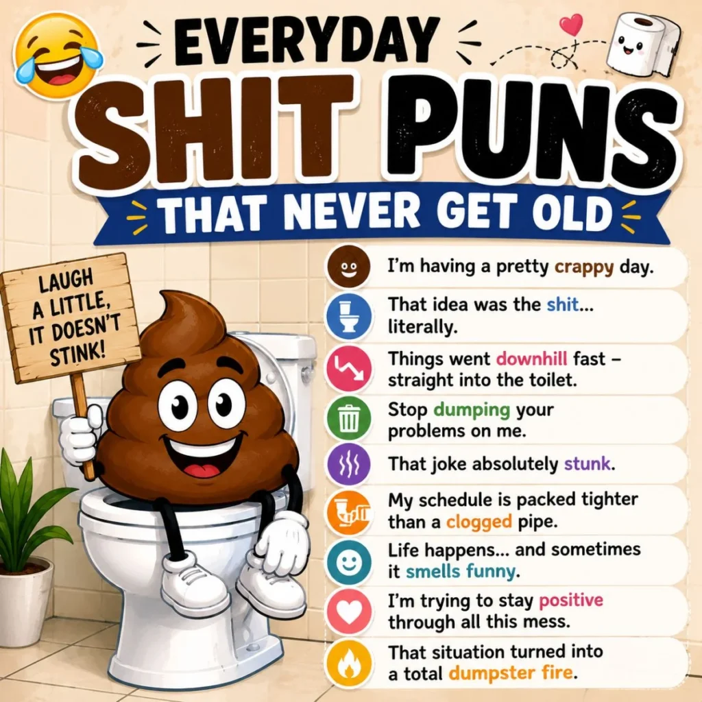 Everyday shit puns image with funny poop cartoon, toilet humor lines, and laughing emoji