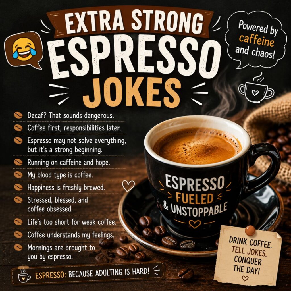 Extra strong espresso jokes poster with coffee cup, coffee beans, funny caffeine quotes, and cozy café background